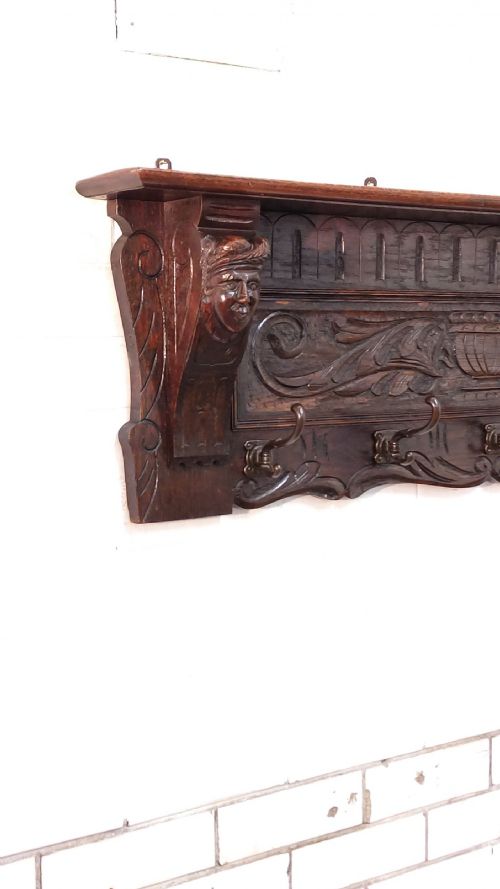 ANTIQUE VICTORIAN CARVED OAK FLEMISH COAT RACK - ADDITIONAL PHOTO 7