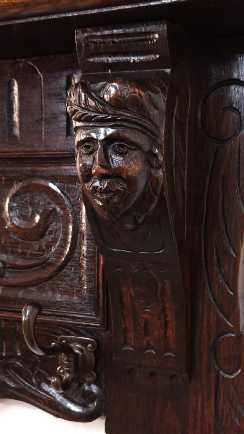 ANTIQUE VICTORIAN CARVED OAK FLEMISH COAT RACK - ADDITIONAL PHOTO 10