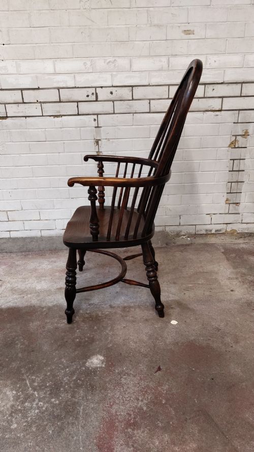 ANTIQUE 19TH CENTURY ELM YEW WOOD HIGH SPLAT BACK WINDSOR ARM CHAIR - ADDITIONAL PHOTO 7