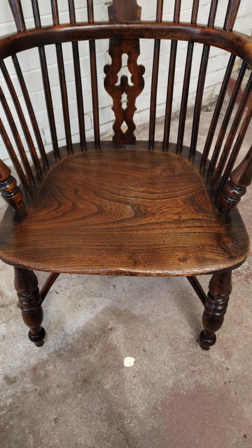 ANTIQUE 19TH CENTURY ELM YEW WOOD HIGH SPLAT BACK WINDSOR ARM CHAIR - ADDITIONAL PHOTO 2