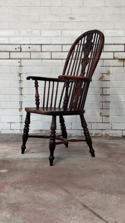 ANTIQUE 19TH CENTURY ELM YEW WOOD HIGH SPLAT BACK WINDSOR ARM CHAIR - ADDITIONAL PHOTO 8