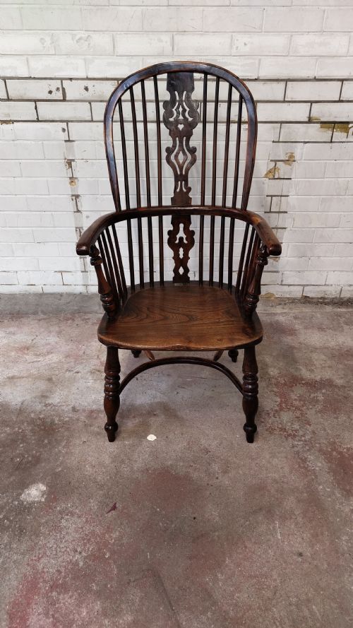 ANTIQUE 19TH CENTURY ELM YEW WOOD HIGH SPLAT BACK WINDSOR ARM CHAIR - ADDITIONAL PHOTO 9