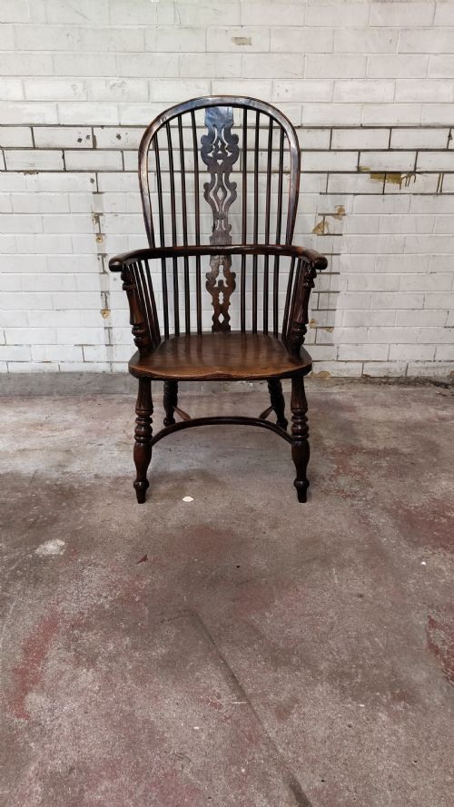 ANTIQUE 19TH CENTURY ELM YEW WOOD HIGH SPLAT BACK WINDSOR ARM CHAIR - ADDITIONAL PHOTO 11