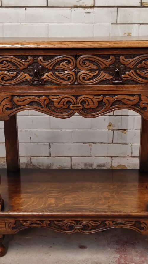 EARLY 20TH CENTURY SOLID CARVED OAK SIDEBOARD CONSOLE - ADDITIONAL PHOTO 4