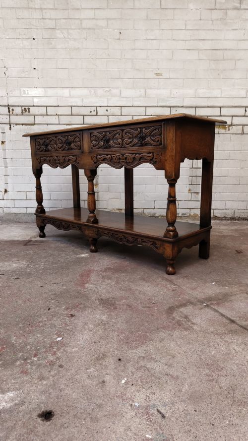 EARLY 20TH CENTURY SOLID CARVED OAK SIDEBOARD CONSOLE - ADDITIONAL PHOTO 8