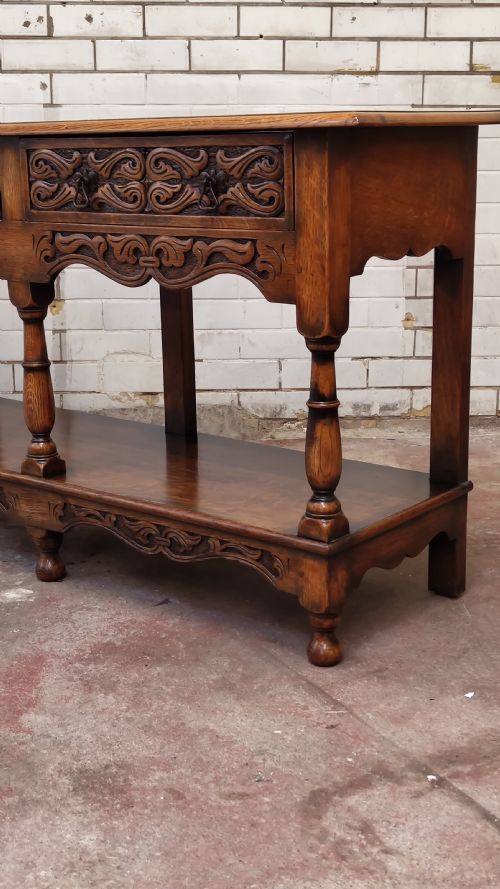 EARLY 20TH CENTURY SOLID CARVED OAK SIDEBOARD CONSOLE - ADDITIONAL PHOTO 9