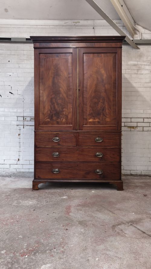 antique georgian regency flame mahogany linen press armoire compactum - CATEGORY: ANTIQUE CUPBOARDS - DATED REGENCY