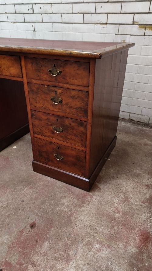 ANTIQUE VICTORIAN BURR WALNUT LEATHER TOP WORK OFFICE PEDESTAL DESK - ADDITIONAL PHOTO 5