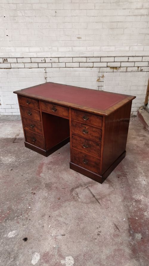 ANTIQUE VICTORIAN BURR WALNUT LEATHER TOP WORK OFFICE PEDESTAL DESK - ADDITIONAL PHOTO 3