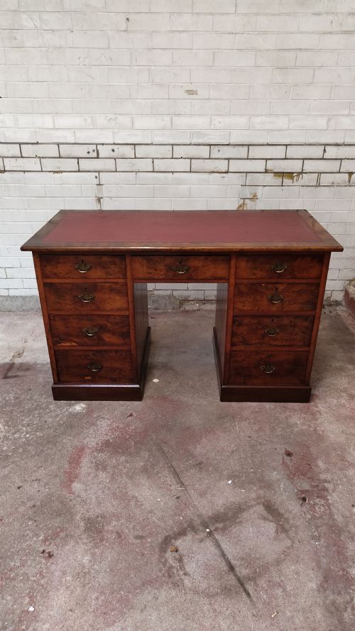 ANTIQUE VICTORIAN BURR WALNUT LEATHER TOP WORK OFFICE PEDESTAL DESK - ADDITIONAL PHOTO 4