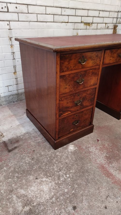 ANTIQUE VICTORIAN BURR WALNUT LEATHER TOP WORK OFFICE PEDESTAL DESK - ADDITIONAL PHOTO 6