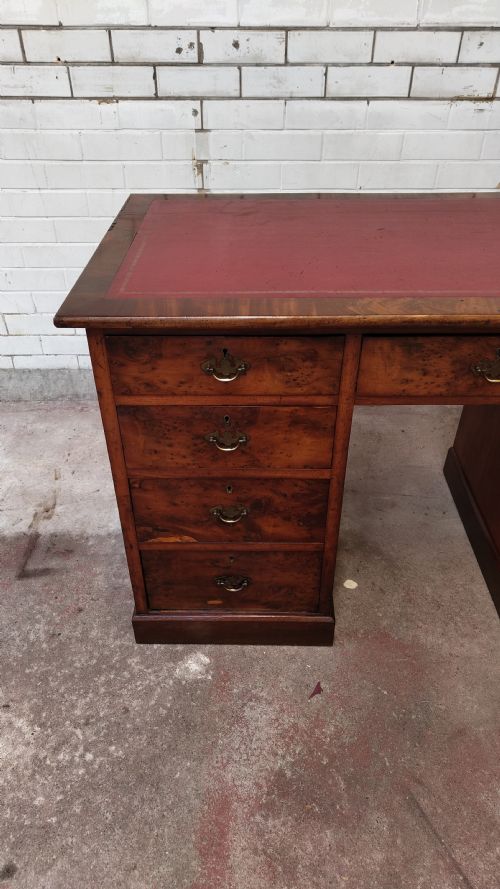 ANTIQUE VICTORIAN BURR WALNUT LEATHER TOP WORK OFFICE PEDESTAL DESK - ADDITIONAL PHOTO 8