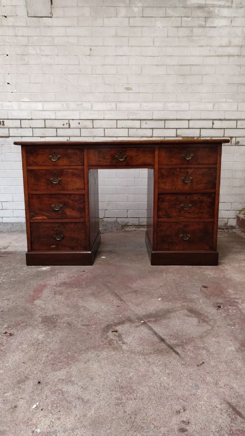 ANTIQUE VICTORIAN BURR WALNUT LEATHER TOP WORK OFFICE PEDESTAL DESK - ADDITIONAL PHOTO 9