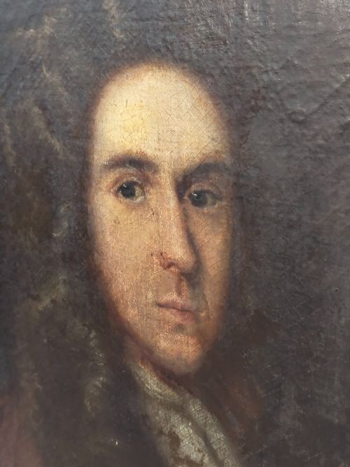 LARGE ANTIQUE EARLY GEORGIAN OIL ON CANVAS PORTRAIT OF AN UNKNOWN GENTLEMAN IN A PERUKE - ADDITIONAL PHOTO 6