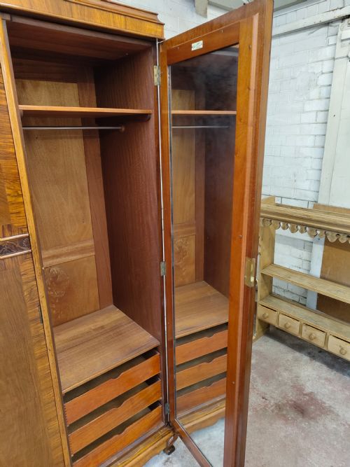 ANTIQUE EDWARDIAN BURR WALNUT TRIPLE WARDROBE ARMOIRE COMPACTUM - ADDITIONAL PHOTO 15