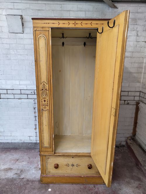 ANTIQUE VICTORIAN AESTHETIC MOVEMENT PAINTED SCUMBLED PINE SINGLE HALL WARDROBE - ADDITIONAL PHOTO 1