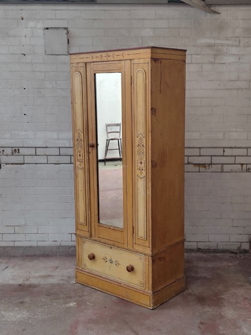 ANTIQUE VICTORIAN AESTHETIC MOVEMENT PAINTED SCUMBLED PINE SINGLE HALL WARDROBE
