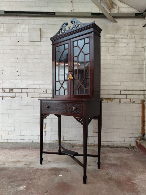 ANTIQUE EDWARDIAN CHIPPENDALE STYLE MAHOGANY DISPLAY CABINET ON STAND - ADDITIONAL PHOTO 8