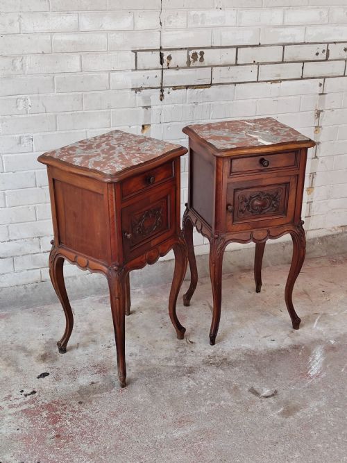 antique pair of french solid mahogany marble top bedside tables cabinets - CATEGORY: ANTIQUE CUPBOARDS - DATED 1930