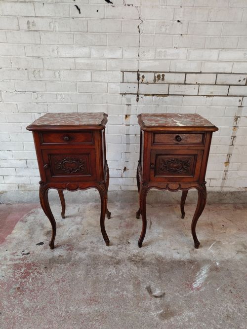 ANTIQUE PAIR OF FRENCH SOLID MAHOGANY MARBLE TOP BEDSIDE TABLES CABINETS - ADDITIONAL PHOTO 6