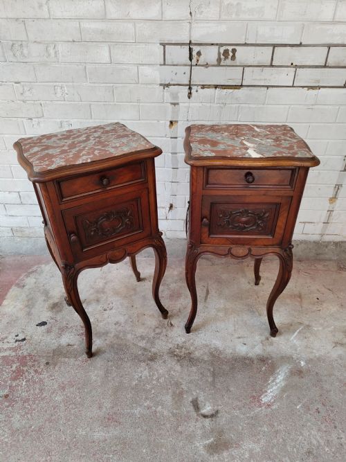 ANTIQUE PAIR OF FRENCH SOLID MAHOGANY MARBLE TOP BEDSIDE TABLES CABINETS - ADDITIONAL PHOTO 7