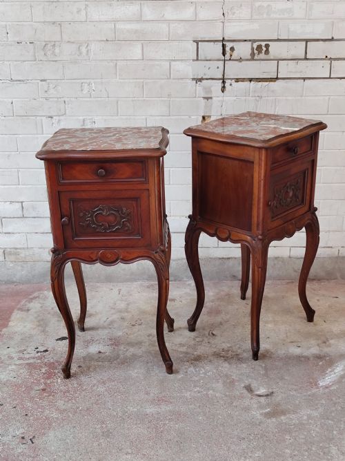 ANTIQUE PAIR OF FRENCH SOLID MAHOGANY MARBLE TOP BEDSIDE TABLES CABINETS - ADDITIONAL PHOTO 8