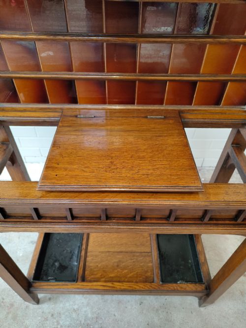 ANTIQUE SOLID OAK ARTS CRAFTS EDWARDIAN TILED HALL STAND - ADDITIONAL PHOTO 6