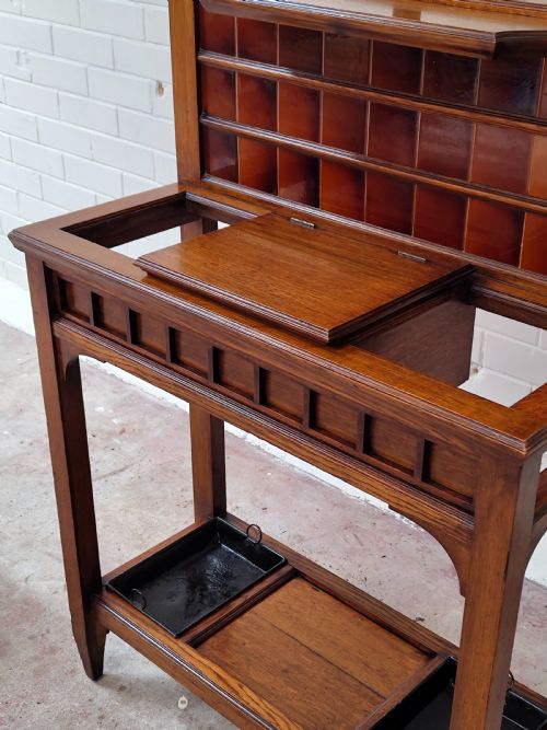 ANTIQUE SOLID OAK ARTS CRAFTS EDWARDIAN TILED HALL STAND - ADDITIONAL PHOTO 7