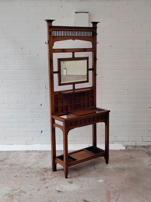 ANTIQUE SOLID OAK ARTS CRAFTS EDWARDIAN TILED HALL STAND - ADDITIONAL PHOTO 13