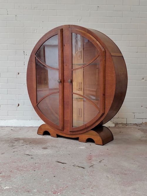 ANTIQUE VINTAGE ART DECO ROUND WALNUT GLAZED CABINET - ADDITIONAL PHOTO 3