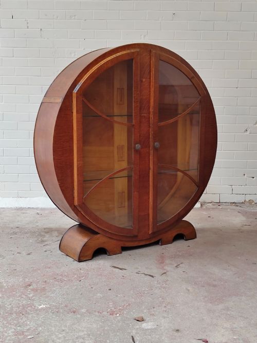 ANTIQUE VINTAGE ART DECO ROUND WALNUT GLAZED CABINET - ADDITIONAL PHOTO 2