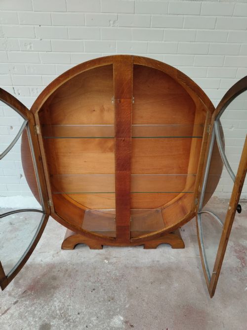ANTIQUE VINTAGE ART DECO ROUND WALNUT GLAZED CABINET - ADDITIONAL PHOTO 8