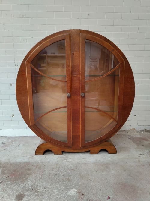 ANTIQUE VINTAGE ART DECO ROUND WALNUT GLAZED CABINET - ADDITIONAL PHOTO 13