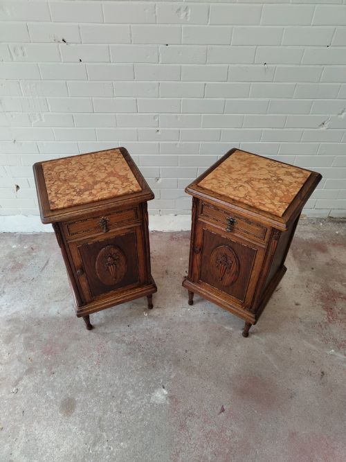 ANTIQUE PAIR OF FRENCH SOLID OAK MARBLE TOP BEDSIDE LAMP TABLES CUPBOARDS - ADDITIONAL PHOTO 15