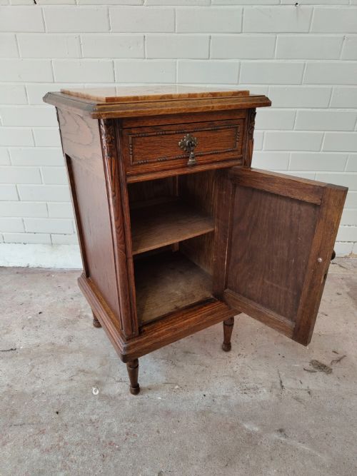 ANTIQUE PAIR OF FRENCH SOLID OAK MARBLE TOP BEDSIDE LAMP TABLES CUPBOARDS - ADDITIONAL PHOTO 7