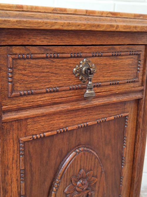 ANTIQUE PAIR OF FRENCH SOLID OAK MARBLE TOP BEDSIDE LAMP TABLES CUPBOARDS - ADDITIONAL PHOTO 10
