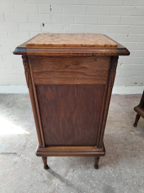 ANTIQUE PAIR OF FRENCH SOLID OAK MARBLE TOP BEDSIDE LAMP TABLES CUPBOARDS - ADDITIONAL PHOTO 12