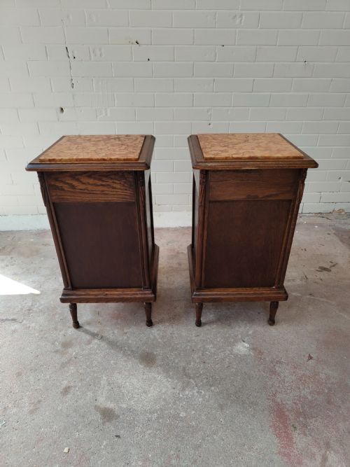 ANTIQUE PAIR OF FRENCH SOLID OAK MARBLE TOP BEDSIDE LAMP TABLES CUPBOARDS - ADDITIONAL PHOTO 13
