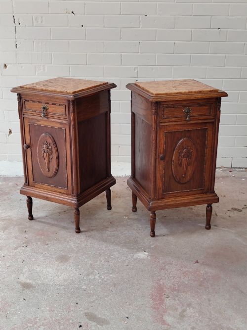 ANTIQUE PAIR OF FRENCH SOLID OAK MARBLE TOP BEDSIDE LAMP TABLES CUPBOARDS - ADDITIONAL PHOTO 14