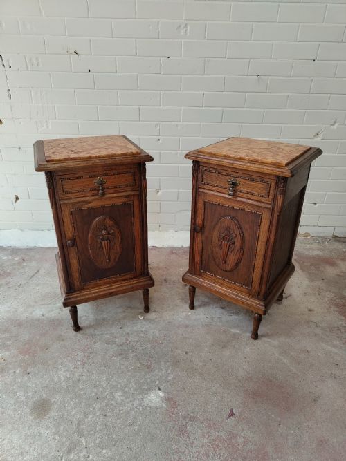 antique pair of french solid oak marble top bedside lamp tables cupboards - CATEGORY: ANTIQUE CUPBOARDS - DATED 1930