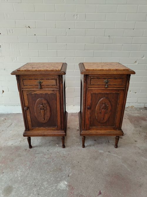 ANTIQUE PAIR OF FRENCH SOLID OAK MARBLE TOP BEDSIDE LAMP TABLES CUPBOARDS - ADDITIONAL PHOTO 16