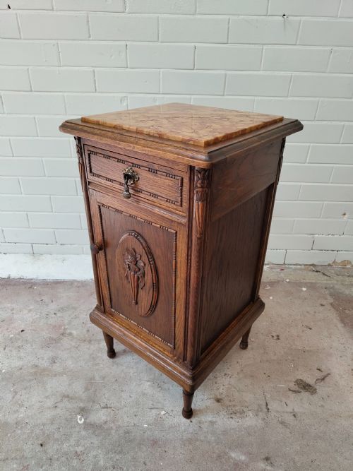 ANTIQUE PAIR OF FRENCH SOLID OAK MARBLE TOP BEDSIDE LAMP TABLES CUPBOARDS - ADDITIONAL PHOTO 17