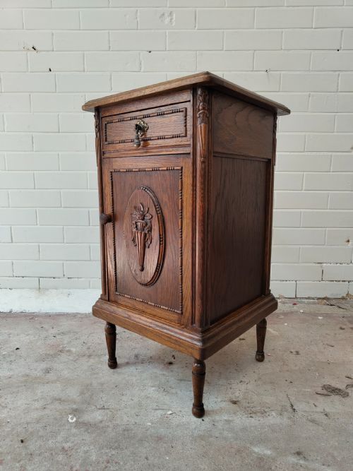 ANTIQUE PAIR OF FRENCH SOLID OAK MARBLE TOP BEDSIDE LAMP TABLES CUPBOARDS - ADDITIONAL PHOTO 18