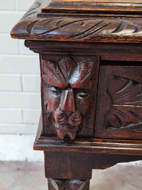 ANTIQUE VICTORIAN CARVED OAK GEOMETRIC GREEN MAN OFFICE WORK WRITING DESK CHAIR - ADDITIONAL PHOTO 12