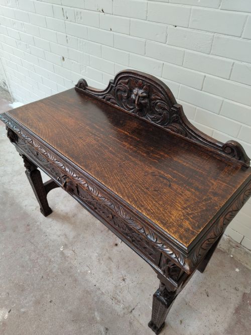 ANTIQUE VICTORIAN CARVED OAK GEOMETRIC GREEN MAN OFFICE WORK WRITING DESK CHAIR - ADDITIONAL PHOTO 2