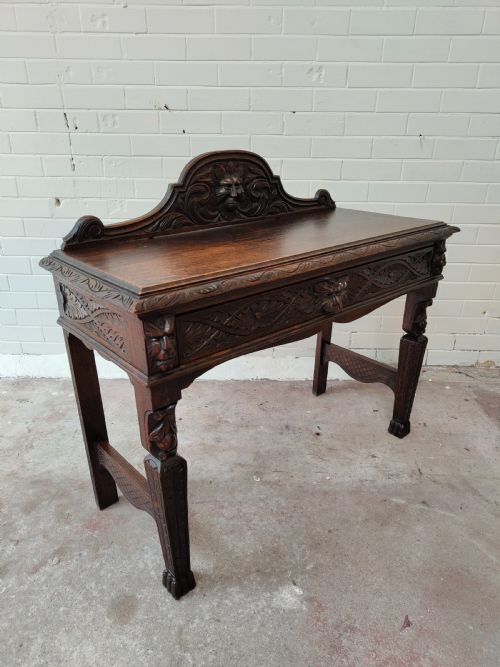 ANTIQUE VICTORIAN CARVED OAK GEOMETRIC GREEN MAN OFFICE WORK WRITING DESK CHAIR - ADDITIONAL PHOTO 3