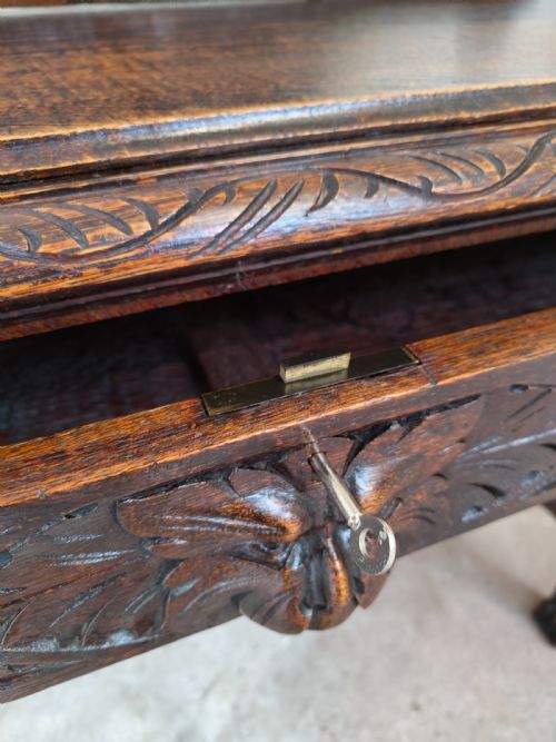 ANTIQUE VICTORIAN CARVED OAK GEOMETRIC GREEN MAN OFFICE WORK WRITING DESK CHAIR - ADDITIONAL PHOTO 9