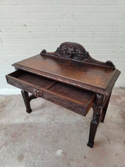 ANTIQUE VICTORIAN CARVED OAK GEOMETRIC GREEN MAN OFFICE WORK WRITING DESK CHAIR - ADDITIONAL PHOTO 11