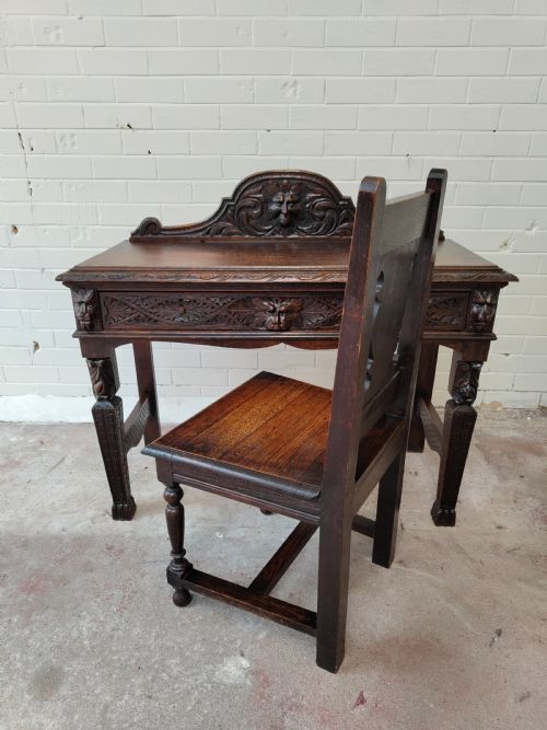 ANTIQUE VICTORIAN CARVED OAK GEOMETRIC GREEN MAN OFFICE WORK WRITING DESK CHAIR - ADDITIONAL PHOTO 15