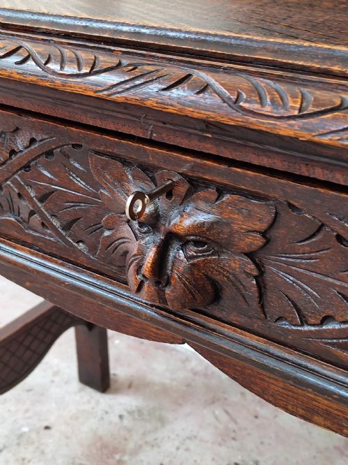 ANTIQUE VICTORIAN CARVED OAK GEOMETRIC GREEN MAN OFFICE WORK WRITING DESK CHAIR - ADDITIONAL PHOTO 16
